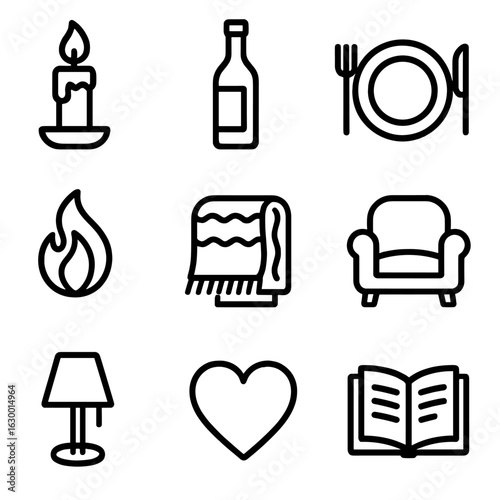 Cozy Dinner Icons. Outline icon set of warm dinners and intimate moments: candle, wine bottle, dinner plate,