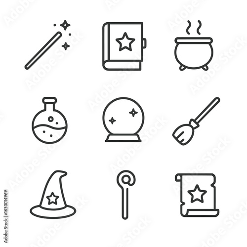 Wizard Icons Collection. Outline icon set of wizard tools and accessories: wand, spellbook, cauldron, potion bottle, crystal ball,