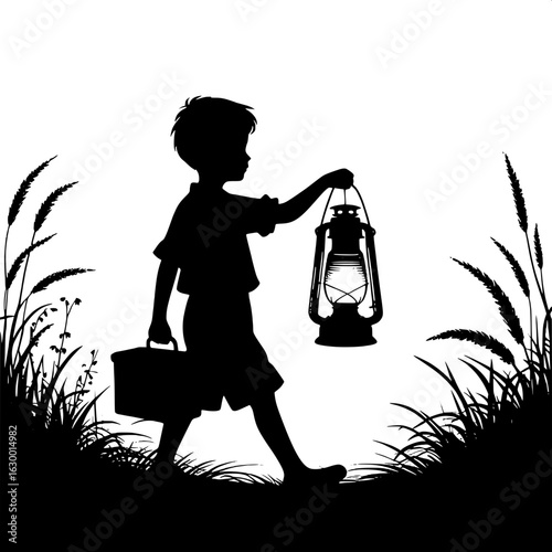 Boy Holding Lantern in Dark Field