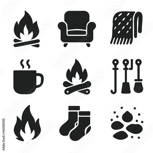 Cozy Fireplace Icons. Solid, filled icons set of warming up by the fireplace: roaring fire, cozy armchair,