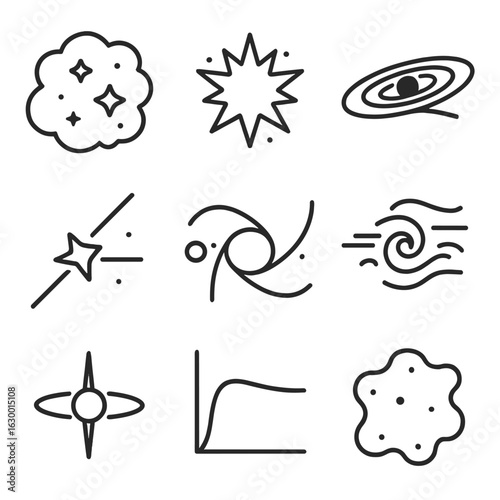Galactic Icon Set. Outline icon set of galactic phenomena: star formation region, supernova explosion, black hole accretion disk,