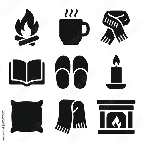 Cozy Fireplace Icons. Solid, filled icons set of fireplace relaxation: crackling firewood, hot cocoa, knitted