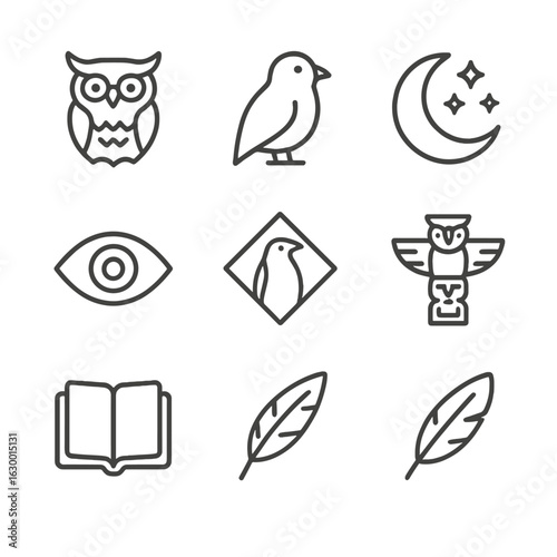 Mythical Icons Collection. Outline icon set of mythology and symbolism: owl wisdom emblem, night bird spirit silhouette, moon
