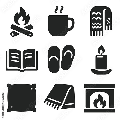 Cozy Fireplace Icons. Solid, filled icons set of fireplace relaxation: crackling firewood, hot cocoa, knitted