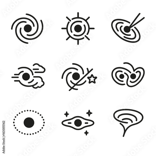 Galactic Icon Set. Outline icon set of black hole galactic roles: galactic nucleus, quasar, blazar jet, feedback wind, star