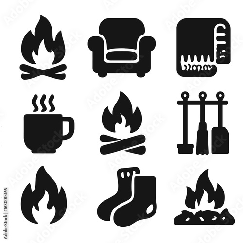 Cozy Fireplace Icons. Solid, filled icons set of warming up by the fireplace: roaring fire, cozy armchair,