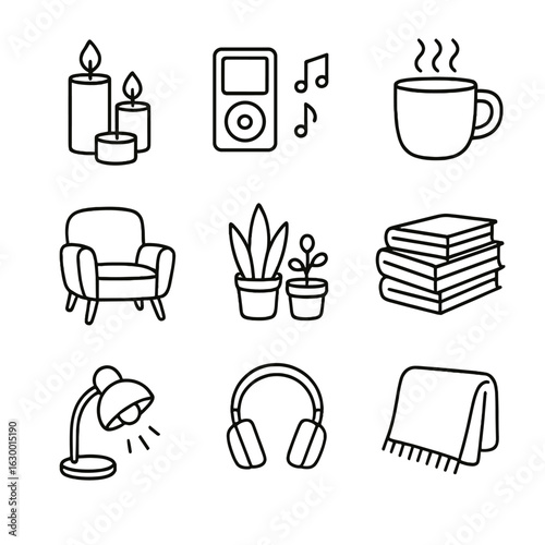 Cozy Icons Grid. Outline icon set of relaxing creative environment: candles, music player, cup of tea, cozy