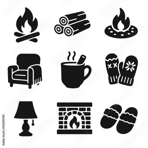 Cozy Fireside Icons. Solid, filled icons set of fireside atmosphere: crackling logs, firewood stack, ember