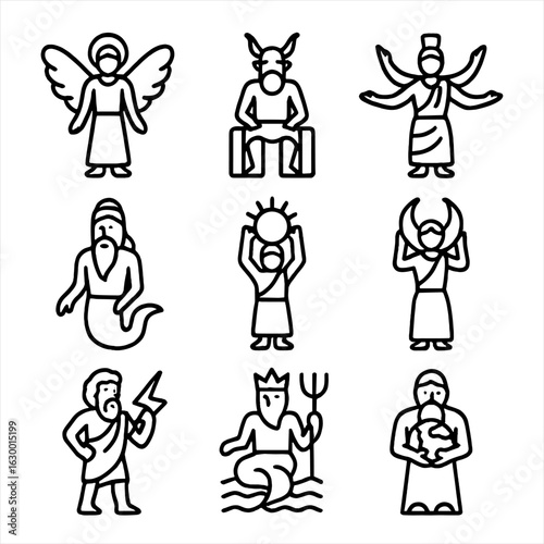 Mythical God Icons. Outline icon set of mythological god forms: winged deity, horned god, multi-armed god, serpent-bodied god,