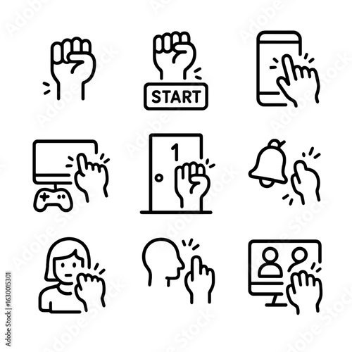 Game Knock Icons. Outline icon set of knock in games: knock action, knocking to start, virtual knock, game cue knock, level knock,