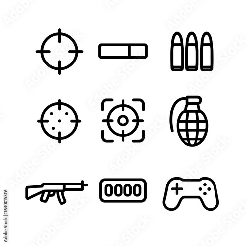 Gaming HUD Icons. Outline icon set of gaming targets and HUD: crosshair, health bar, ammo count, radar, target lock, grenade,