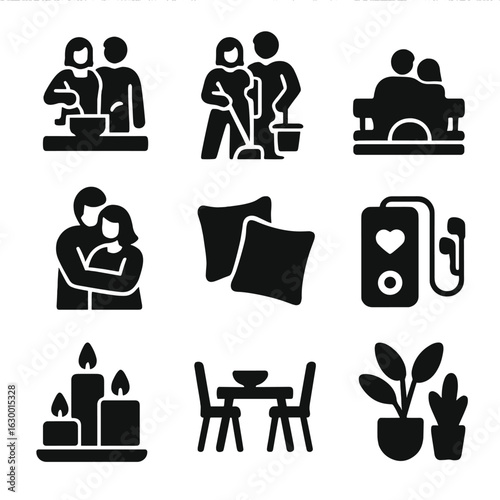 Cozy Home Icons. Solid, filled icons set of loving home atmosphere: cooking meals, cleaning together, watching