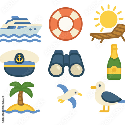 Yacht Adventure Icons. Flat vector mini-illustrations private yacht cruises in colors children's illustrations: luxury yacht, life