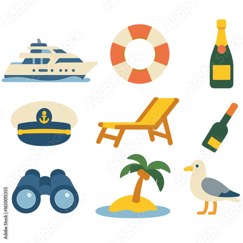 Yacht Adventure Icons. Flat vector mini-illustrations private yacht cruises in colors children's illustrations: luxury yacht, life