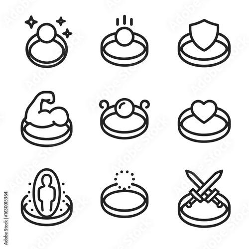 Gaming Ring Icons. Outline icon set of ring in gaming: magic ring, power ring, ring of defense, ring of strength, enchanted ring,