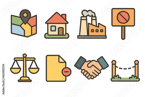 Zoning Conflict Illustrations. Flat vector mini-illustrations zoning and land use conflicts in colors children's illustrations: