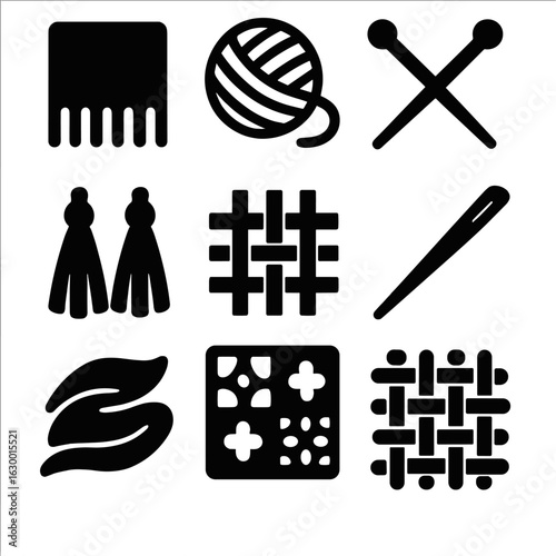 Cozy Knitting Icons. Solid, filled icons set of cozy knitting details: fringed edge, yarn ball, knitting
