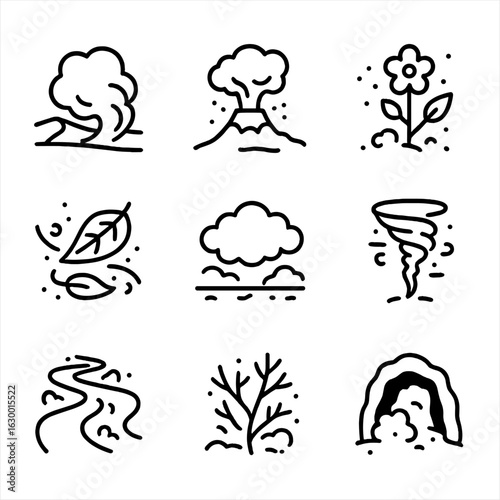 Nature and Heraldry Icons. Outline icon set of dust in nature: desert dust storm, volcanic ash, pollen release, dry leaf dust,