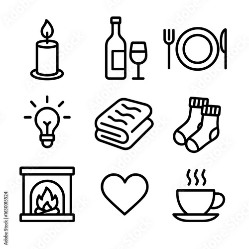 Cozy Moments Icons. Outline icon set of intimate cozy moments: candle, wine bottle, dinner setup, flickering