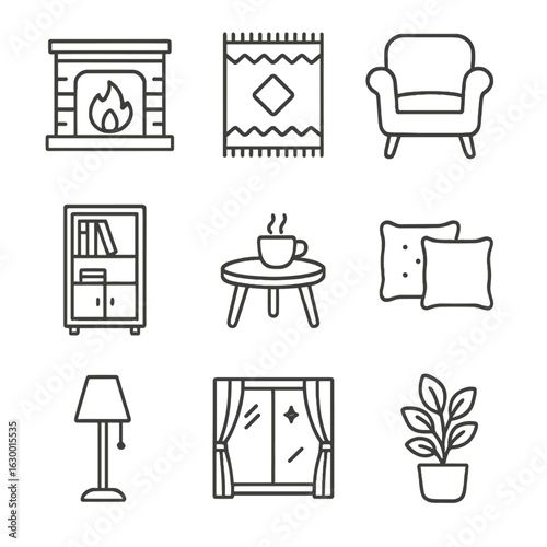 Cozy Interior Icons. Outline icon set of cozy interiors: fireplace, rug, armchair, bookshelf, small table,
