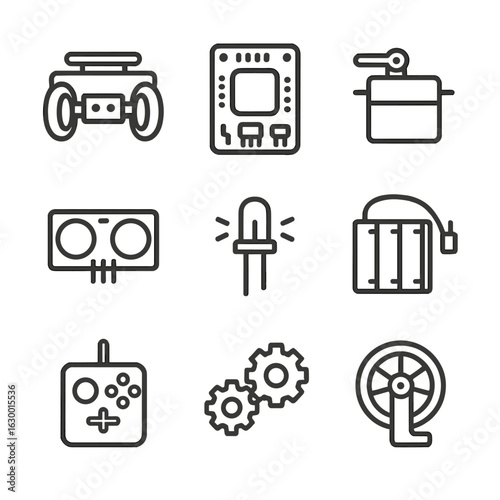 Youth Robotics Icon Set. Outline icon set of youth robotics competition elements: robot chassis, microcontroller board, servo