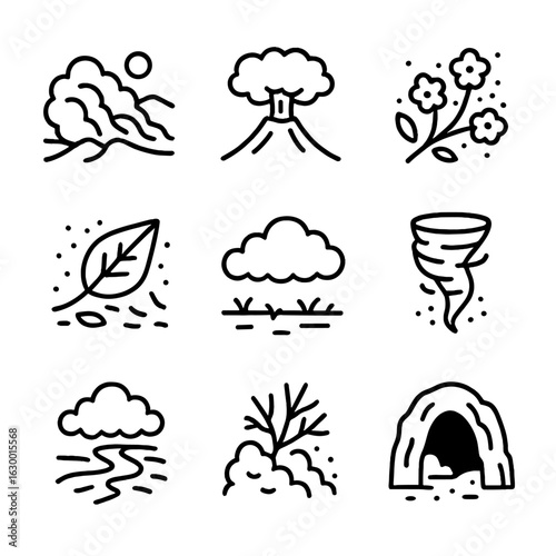 Nature and Heraldry Icons. Outline icon set of dust in nature: desert dust storm, volcanic ash, pollen release, dry leaf dust,
