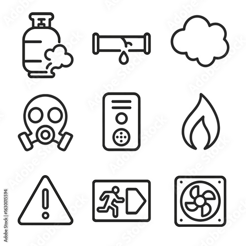 Gas Leak Icons. Outline icon set of gas leaks: gas cylinder, leaking pipe, gas cloud, gas mask, detector, flame, warning triangle,