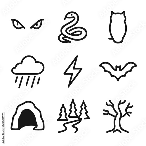 Nature Fear Icons. Outline icon set of fear in nature: wolf eyes, snake coil, owl silhouette, bat flying, thundercloud, lightning