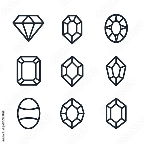Gem Outline Icons. Outline icon set of gem types: diamond, ruby, sapphire, emerald, amethyst, topaz, opal, garnet, aquamarine.