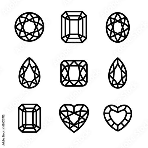 Gemstone Cut Icons. Outline icon set of gemstone cuts: brilliant cut, emerald cut, oval cut, pear cut, princess cut, cushion cut,