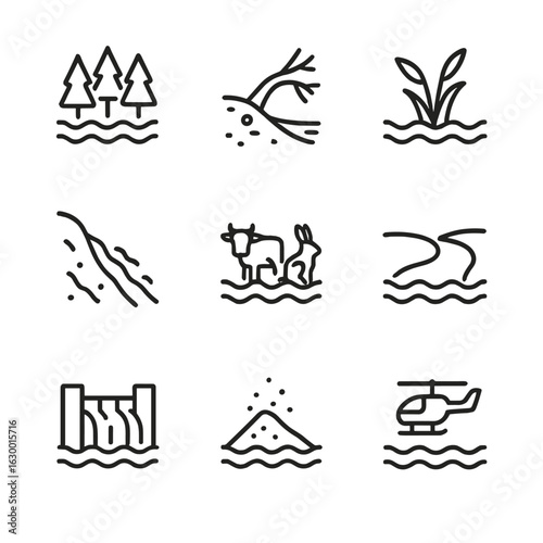 Nature Flood Effects Icons. Outline icon set of flood effects on nature: flooded forest, uprooted tree, swamp, mudslide,