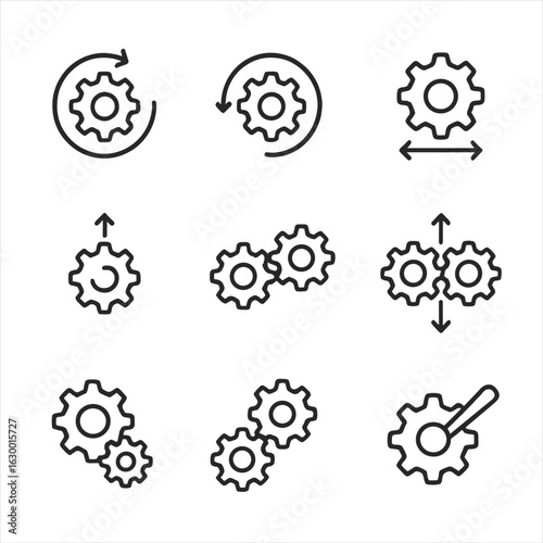 Gear Motion Icon Set. Outline icon set of gear motion types: clockwise rotation, counterclockwise rotation, oscillating gear,