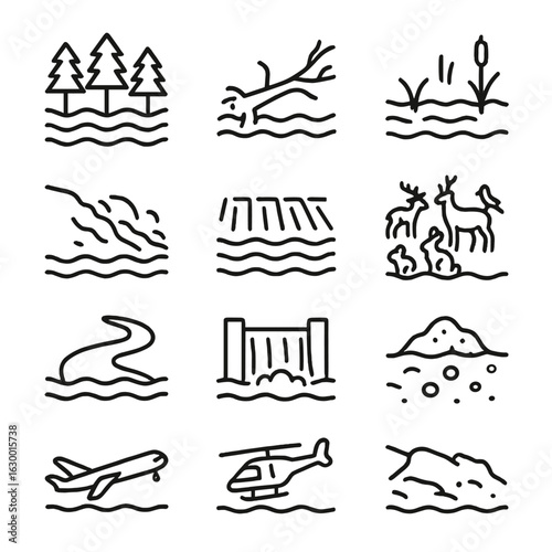 Nature Flood Effects Icons. Outline icon set of flood effects on nature: flooded forest, uprooted tree, swamp, mudslide,