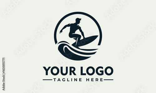 Silhouette of a surfer riding a wave within a circular logo design.