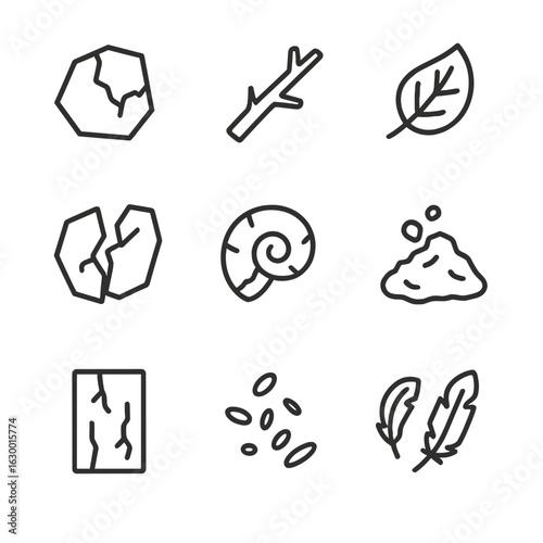 Nature Fragments Icons. Outline icon set of natural fragments: cracked rock, broken twig, fallen leaf, split ice, fractured shell,