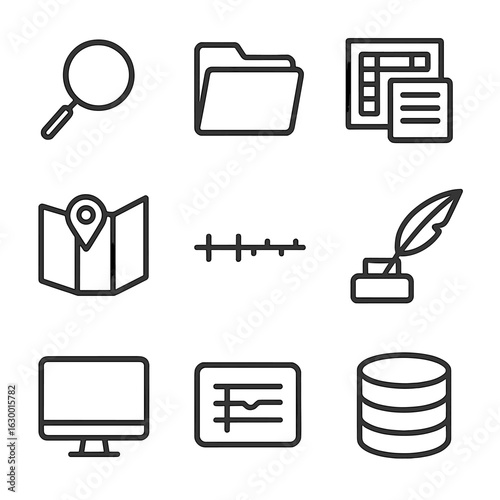 Genealogy Tools Icons. Outline icon set of genealogy tools: magnifying glass, archive folder, historical documents, census record,