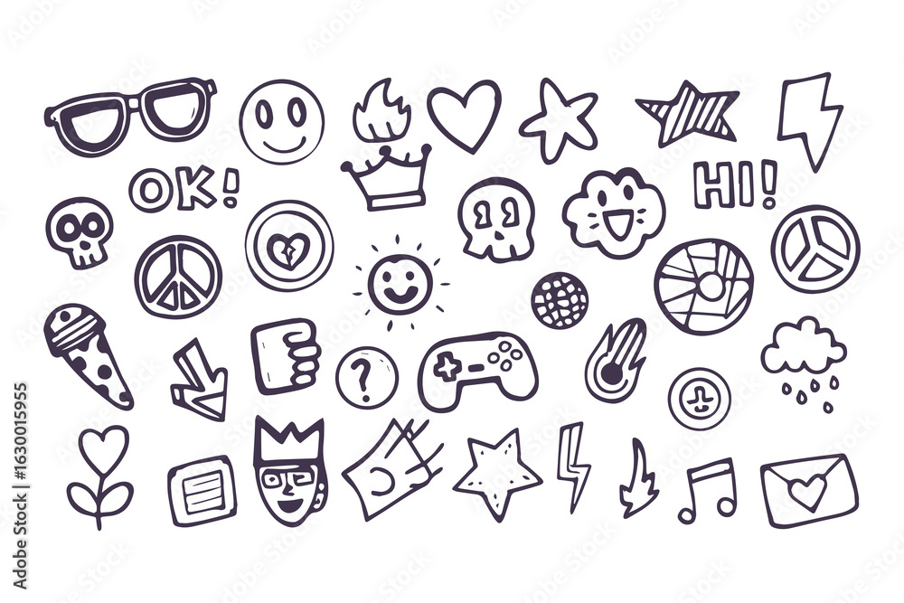 Fototapeta premium Set of hand-drawn punk rock and skater doodles. Youth culture graffiti-style icons including skull, lightning bolt, and peace signs for stickers and t-shirt prints.
