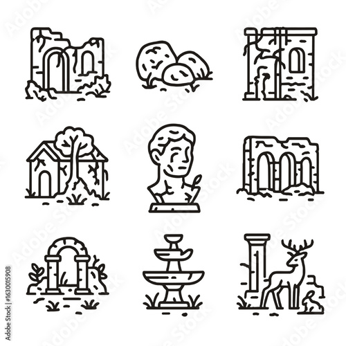 Nature Reclaims Ruins. Outline icon set of ruin in nature reclamation: overgrown ruins, mossy stones, vines on walls, trees