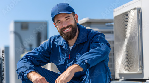 Happy Male Technician Smiling While Working on Air Conditioning Units in Blue Uniform on Rooftop