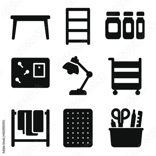 Craft Room Icons. Solid, filled icons set of craft room setup: worktable, shelving unit, storage jars,