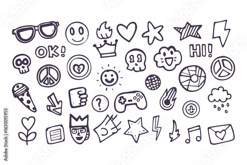 Set of hand-drawn punk rock and skater doodles. Youth culture graffiti-style icons including skull, lightning bolt, and peace signs for stickers and t-shirt prints.