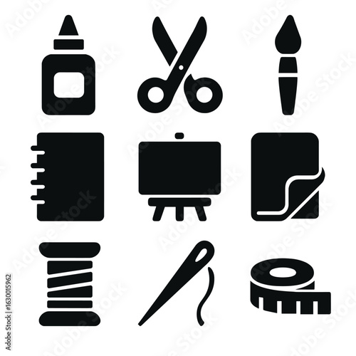 Craft Essentials Icons. Solid, filled icons set of craft project essentials: glue, scissors, paintbrush,