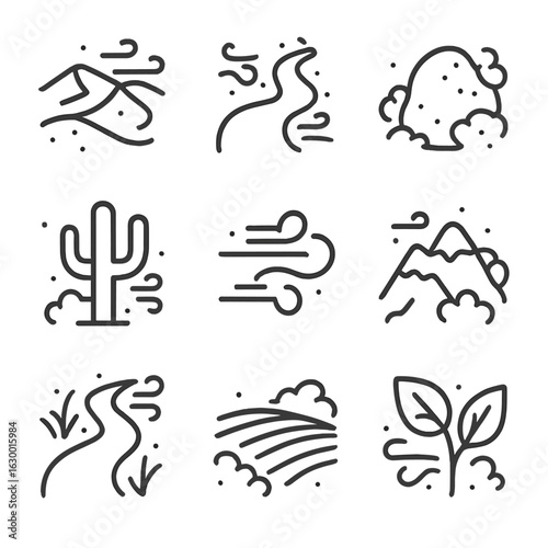 Nature's Dusty Icons. Outline icon set of dust in nature: desert dust, dusty trail, dusty rock, dusty cactus, dusty wind, dusty