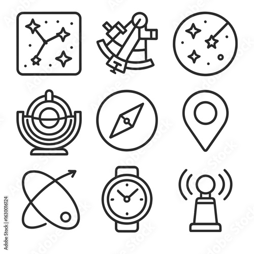 Navigation Icon Set. Outline icon set of navigation aids: star map, sextant, astrogation chart, gyro stabilizer, compass module,