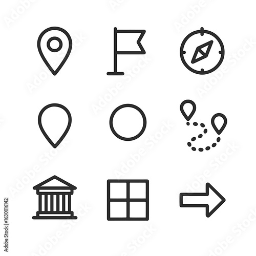 Navigation Icon Set. Outline icon set of navigation marks: map pin, waypoint flag, compass, GPS marker, location dot, route line,