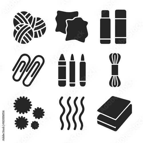 Craft Supply Icons. Solid, filled icons set of craft supply types: yarn balls, fabric scraps, glue sticks,