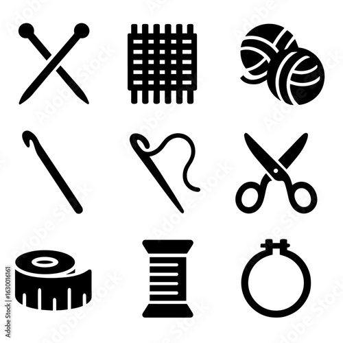 Craft Tools Icons. Solid, filled icons set of handmade textile crafts: knitting needles, woven fabric, yarn