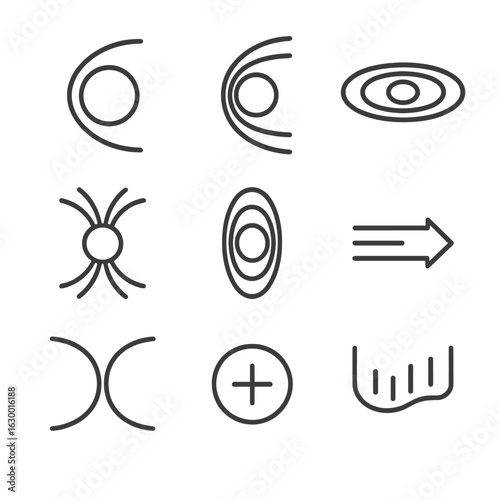 Neptune Magnetosphere Icon Set. Outline icon set of Neptune’s magnetosphere: magnetopause boundary, bow shock, plasma torus, field