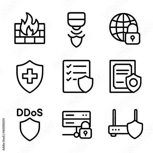 Network Security Icons. Outline icon set of network security: firewall shield, intrusion detection sensor, VPN padlock, SSL
