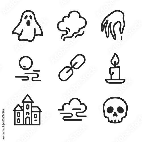 Ghostly Icon Set. Outline icon set of ghostly spirits: apparition, fog, spectral hand, floating orb, chains, candle flame, old